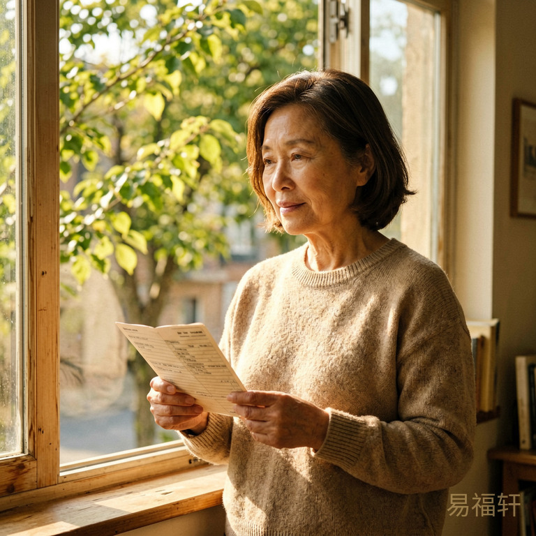 一位中年女性站在窗前，手里拿着一张存折，窗外的阳光下树叶正在变绿，表情平和而满足
