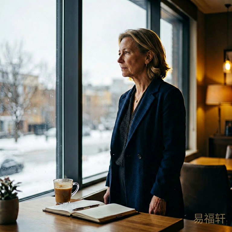 一位中年职场女性站在落地窗前,窗外是冬日灰白的天光,她的侧影被室内暖灯勾勒出来,神情冷静中带着不甘,桌上摊着笔记本和一杯半凉的咖啡