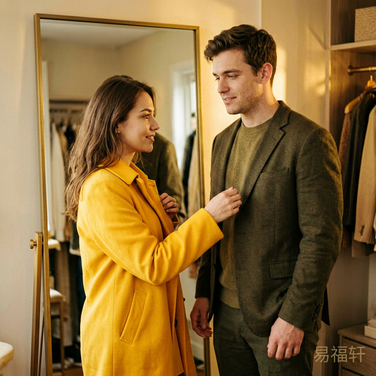 一对年轻情侣站在穿衣镜前,女生拿着一件亮色外套往男生身上比,男生表情若有所思