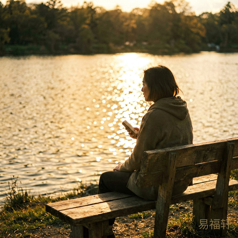 一个人坐在湖边的长椅上,背后是温暖的阳光,水面泛着金色的波光