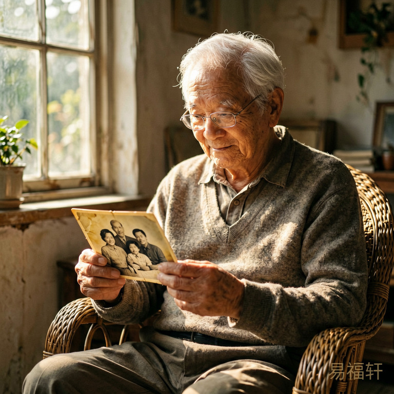 一位白发老人坐在老式藤椅上，手里拿着一张泛黄的全家福老照片，阳光从侧面窗户照进来，在他脸上投下温暖的光斑