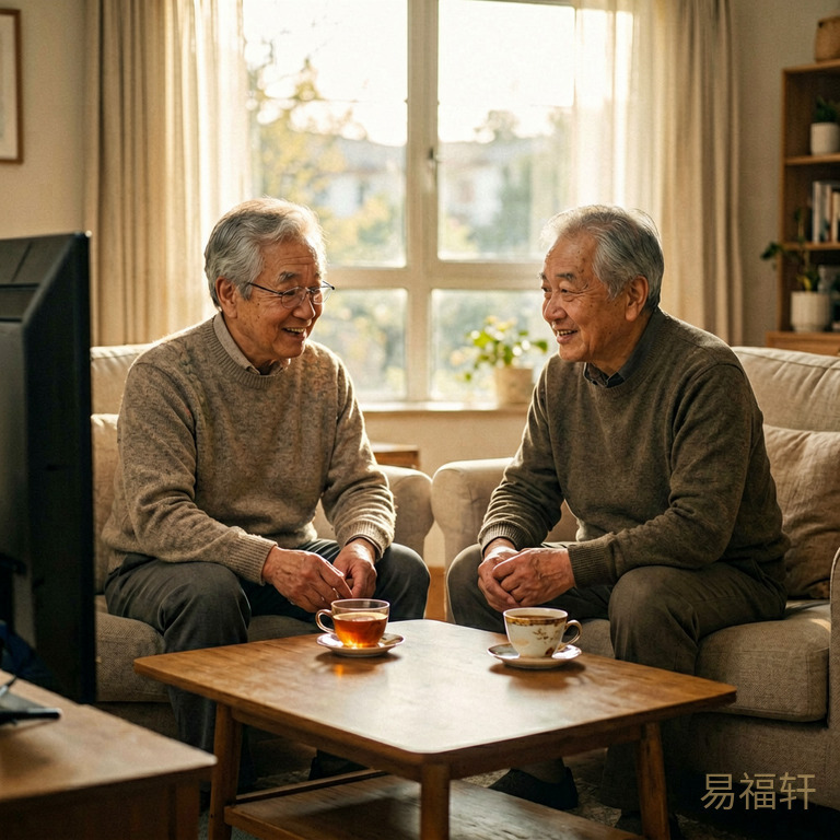 一对老年夫妻坐在客厅里，一个在看电视一个在看窗外，两人之间隔着一张茶几，茶几上摆着两杯已经凉掉的茶
