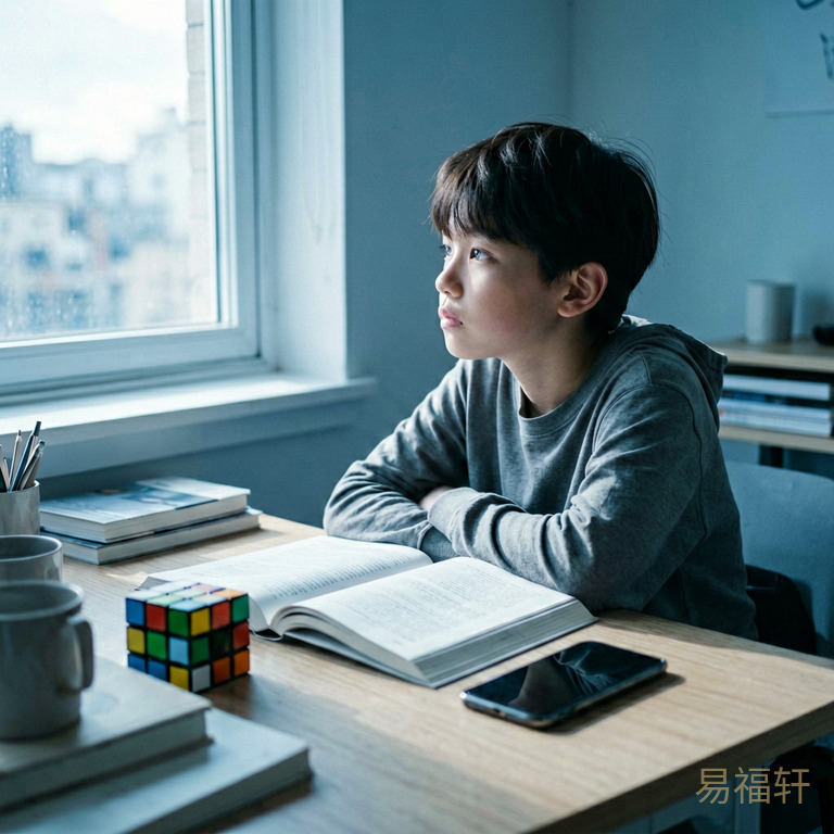 一张乱糟糟的书桌，摊开的课本旁摆着魔方和手机，阳光从窗口照进来，男孩望着窗外发呆