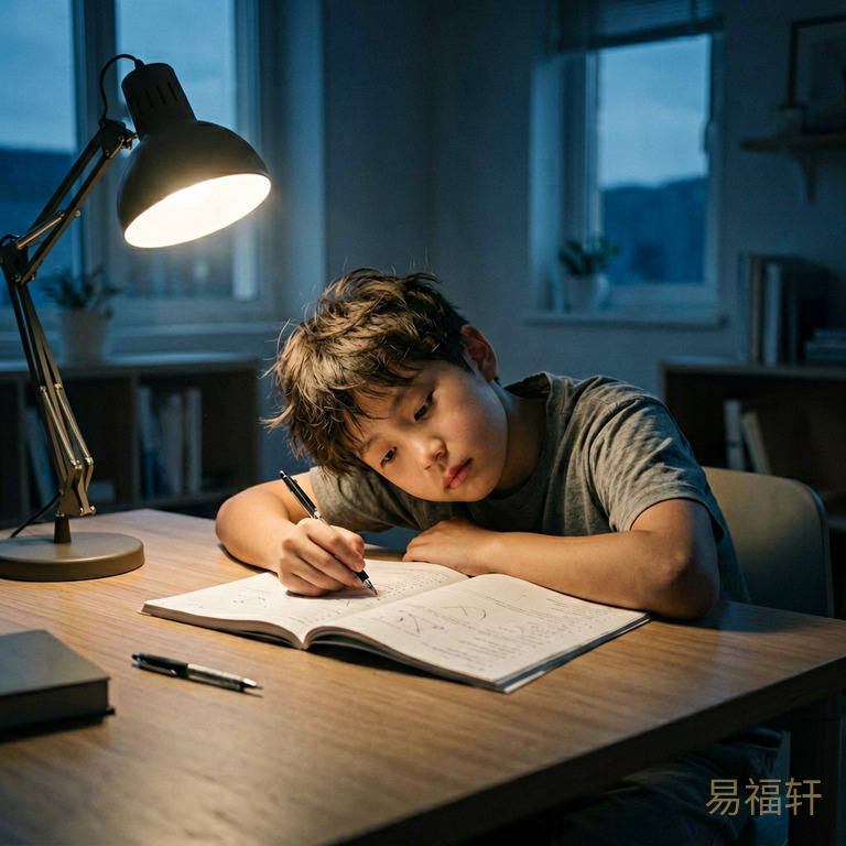 深夜台灯下，男孩趴在书桌前，面前摊着翻开的习题册，手里的笔已经掉在地上，人歪着头打盹，头发乱糟糟的