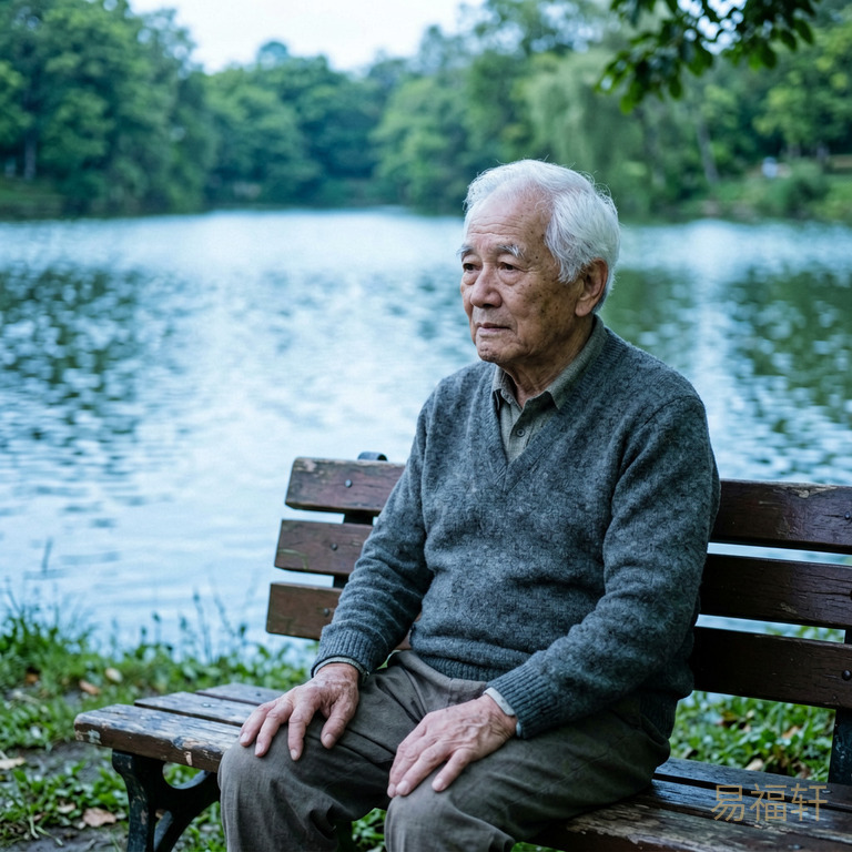 一位白发老人坐在公园长椅上，表情平静，面前是一片湖水，画面色调偏蓝偏凉，暗示水元素的调候作用