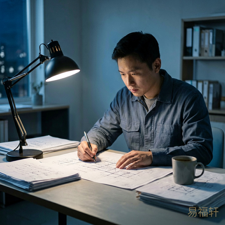 一个工程师深夜在台灯下研究图纸，桌上一堆图纸和咖啡杯