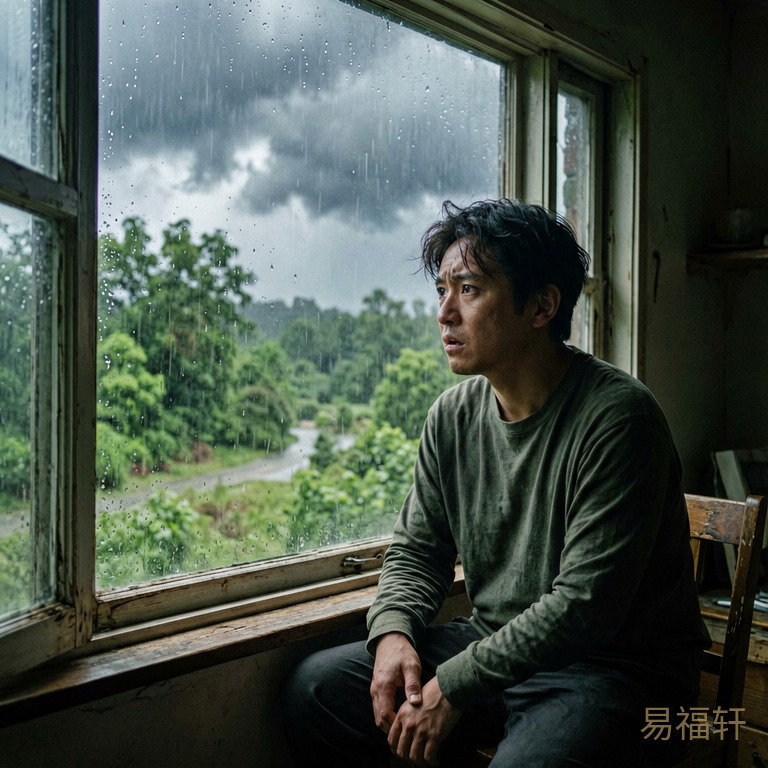 一个人独自坐在窗前看台风暴雨，表情紧张不安，室内昏暗