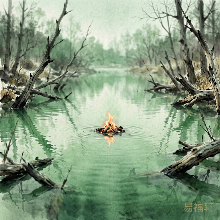 中国传统水墨风格，意境画面：一片水面中央有微弱火光，周围是冬季枯木