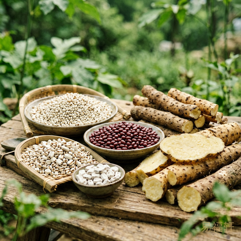 中医祛湿食材：薏米、红豆、茯苓、山药，自然光拍摄