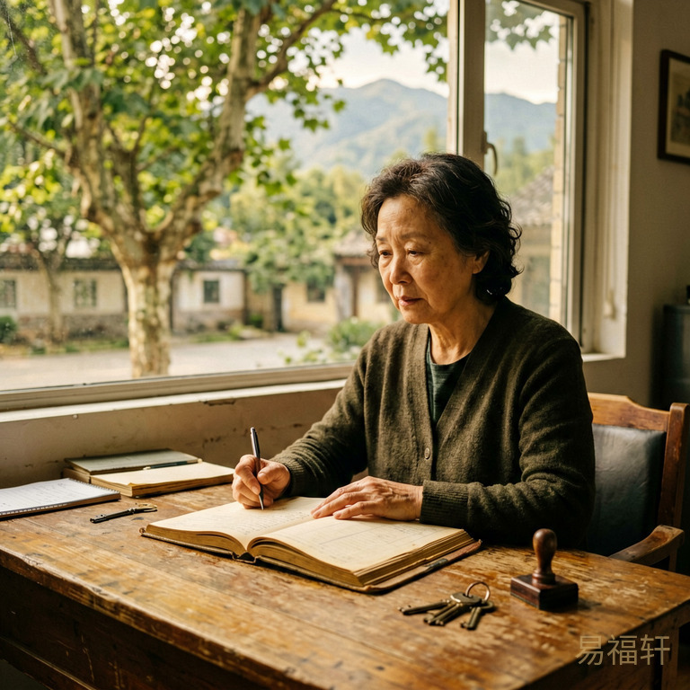 一位中年女性坐在老式木质办公桌前,面前摊着一本厚厚的账本,桌上放着一串钥匙和一枚印章,窗外的梧桐树正绿