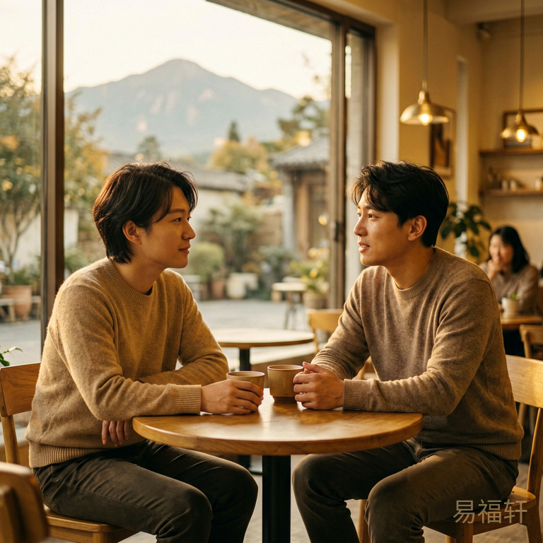 两个人坐在咖啡馆里交谈,其中一个人安静倾听,对方神情放松像在倾诉,氛围温暖信任