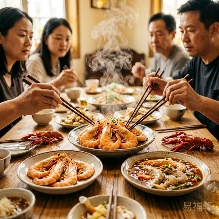 餐桌上摆着几种不同的虾，罗氏虾基围虾小龙虾对虾，热气腾腾，但每个人的筷子伸向不同的虾