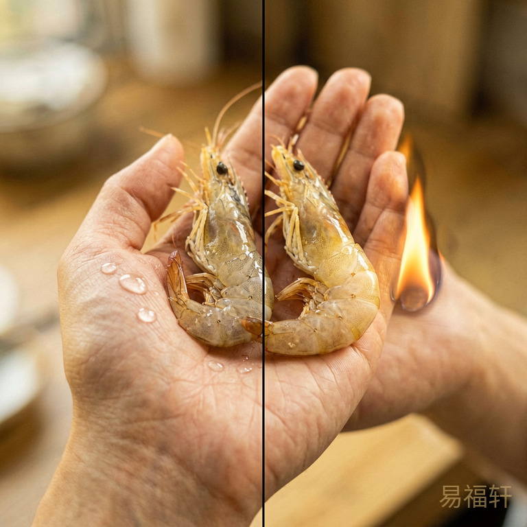 一只手托着两只虾，左边虾旁边画着水滴（清凉），右边虾旁边画着小火苗（温补），中间一条分界线