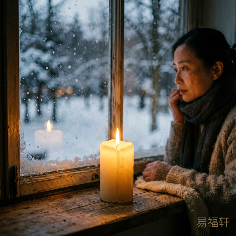 蜡烛在冬日窗前的光与影,暖黄光在寒冷中摇曳