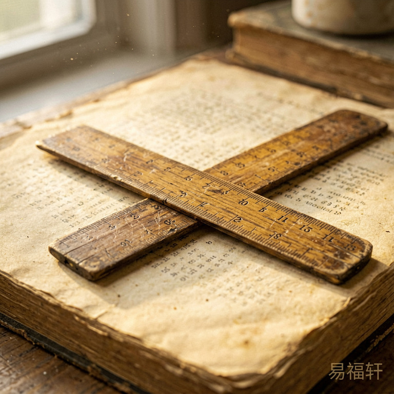 一把旧式木尺横放在泛黄的书页上,侧光打下来有细尘