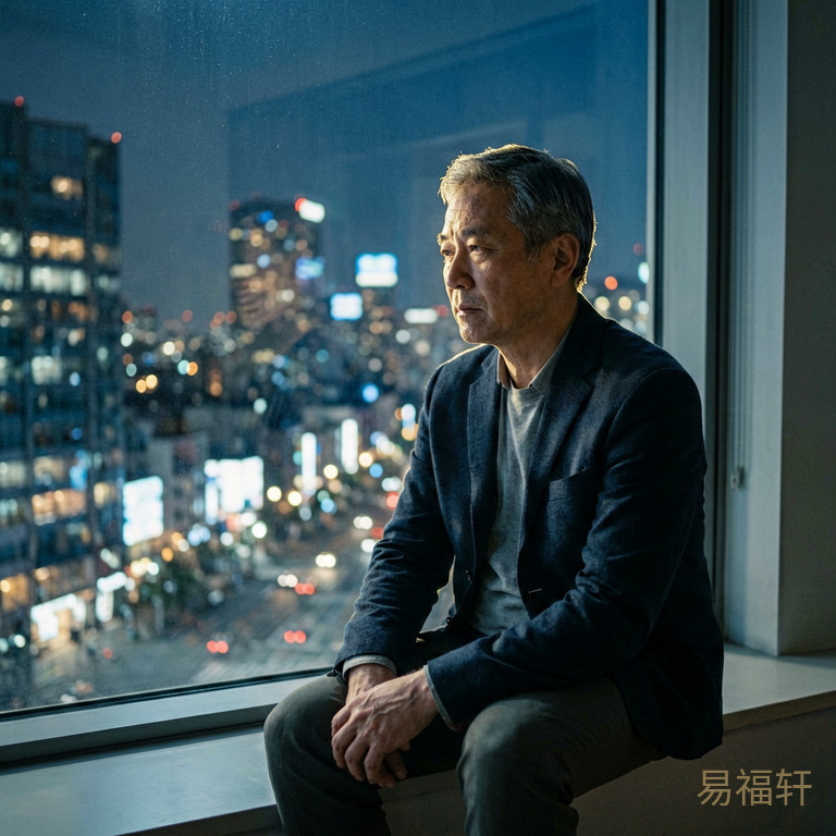 一个中年男人独自坐在窗边，外面是城市夜景，神情若有所思