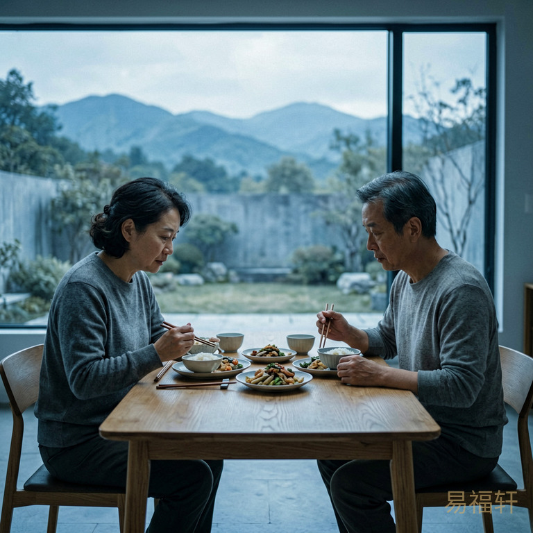 一对中年夫妻坐在餐桌两端，桌上摆着饭菜但谁也不动筷子，气氛沉默