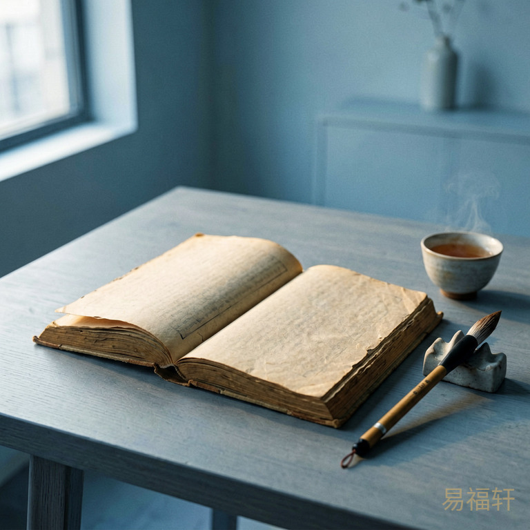 一本翻开的古籍，旁边放着毛笔和茶，光线温暖安静