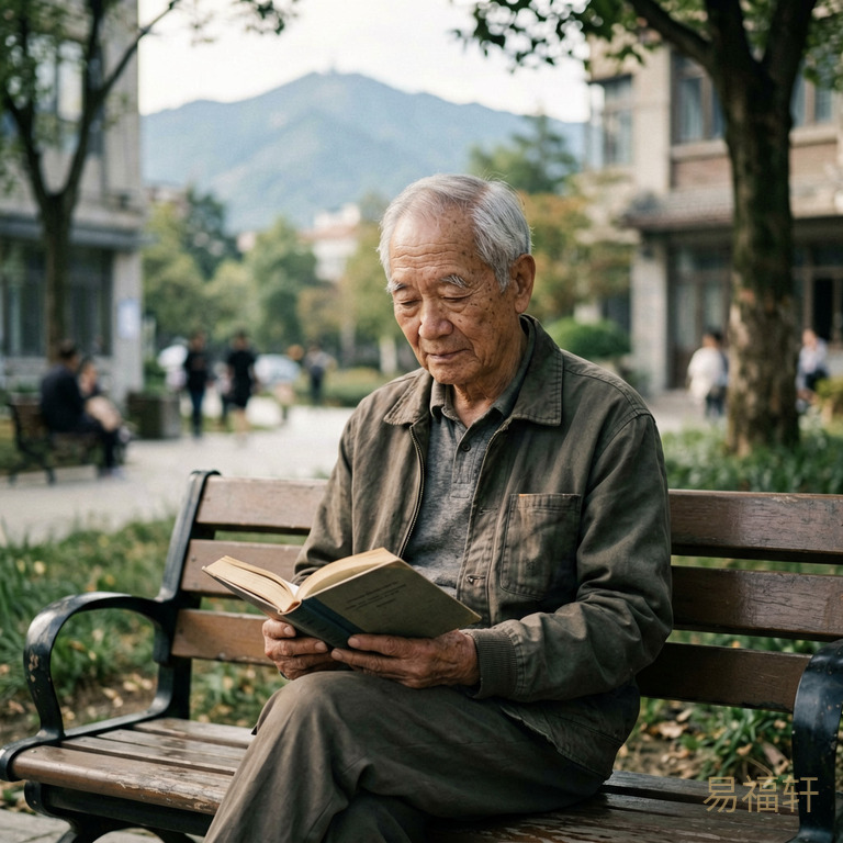 一位年长男子独自坐在公园长椅上，手里捧着一本书，周围的喧闹与他无关，神情专注而平静