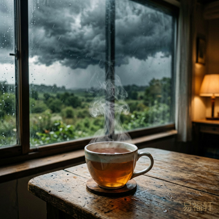 窗外台风天乌云密布狂风呼啸，室内灯光昏黄温暖，一杯温水冒着热气放在木桌上，营造安全宁静的对比氛围