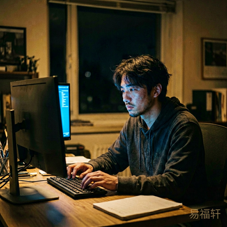 深夜办公室,程序员独坐在电脑前,屏幕蓝光映在疲惫的脸上,窗外一片漆黑
