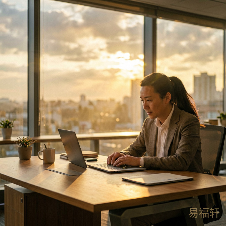 清晨日出,阳光穿透云层照在一张整洁的办公桌上