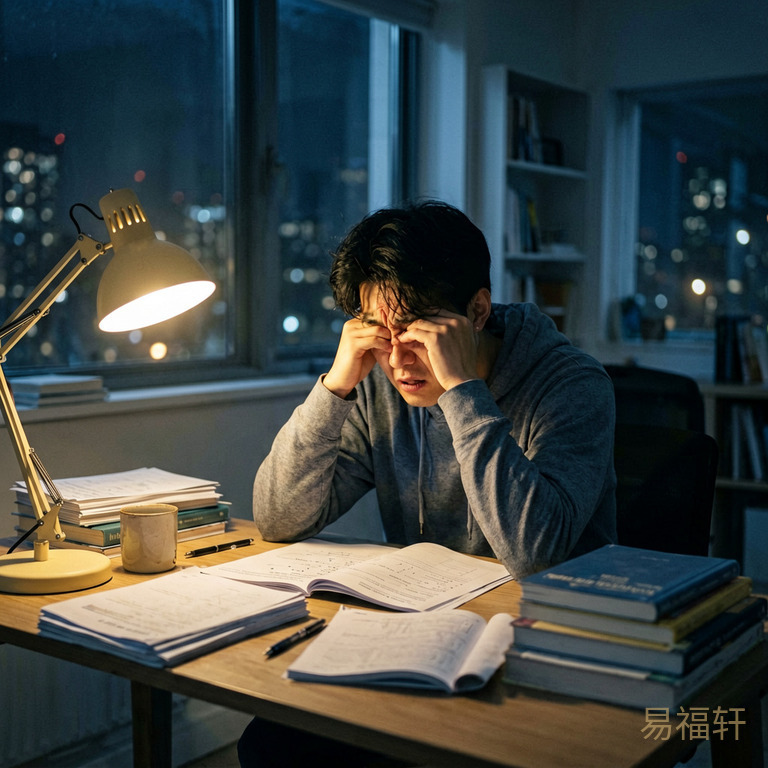 深夜书桌前一个学生揉着太阳穴,面前堆满试卷和课本,台灯昏黄,窗外是城市夜色,焦虑感呼之欲出