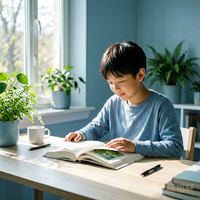 春天阳光透过窗户照在书桌上,绿植生机勃勃,一个孩子轻松地翻着书页,表情放松而专注
