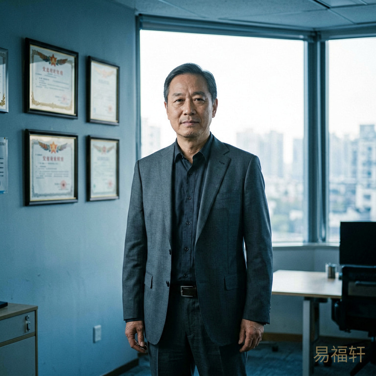 一个中年人站在办公室里，墙上挂着奖状和荣誉证书，但西装口袋里是空的