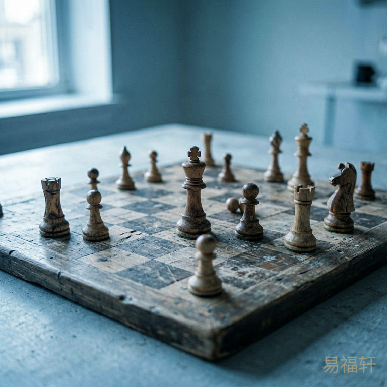 一张老旧的棋盘上，几枚棋子散落，光线从侧面斜照