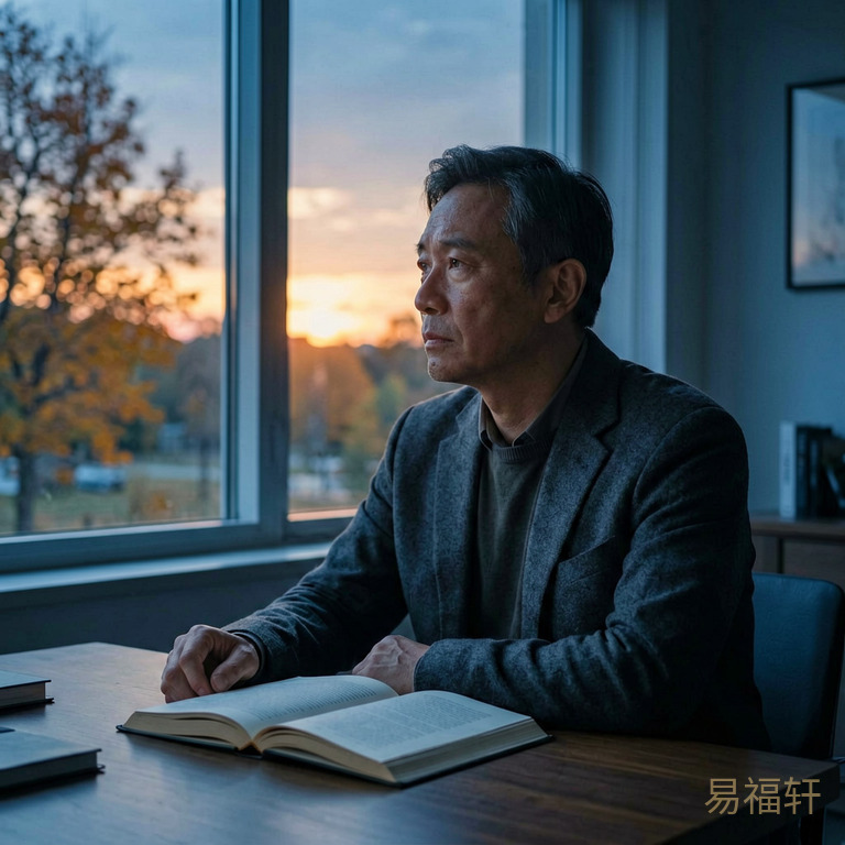 一个中年男人坐在书桌前，窗外是秋天的落日，桌上摊开一本书但目光望向远方，光线偏暖偏暗，带一点迷茫但不绝望