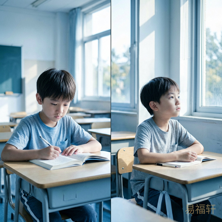 两个并排的画面：左边一个男孩在明亮的教室里专注看书，右边另一个男孩坐在同一间教室里但眼睛看着窗外，阳光从窗外照进来