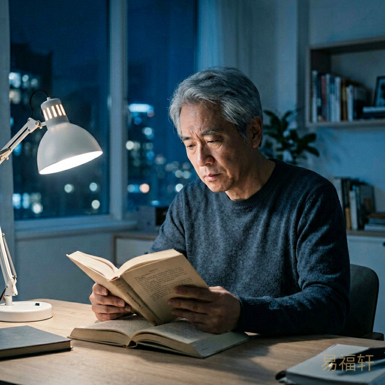 一个中年男人在夜晚的书房里，台灯亮着，他神情专注地在看一本厚厚的书，脸上有恍然大悟的表情，窗外是城市的夜景