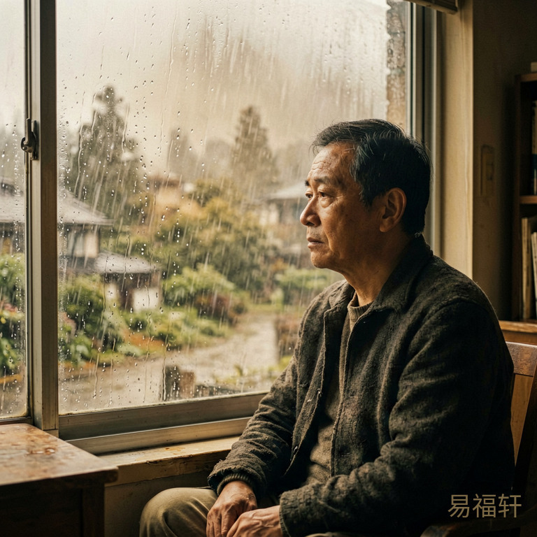 台风天窗外雨雾模糊的画面,室内一个中年男人安静地望着窗外,氛围略显低沉