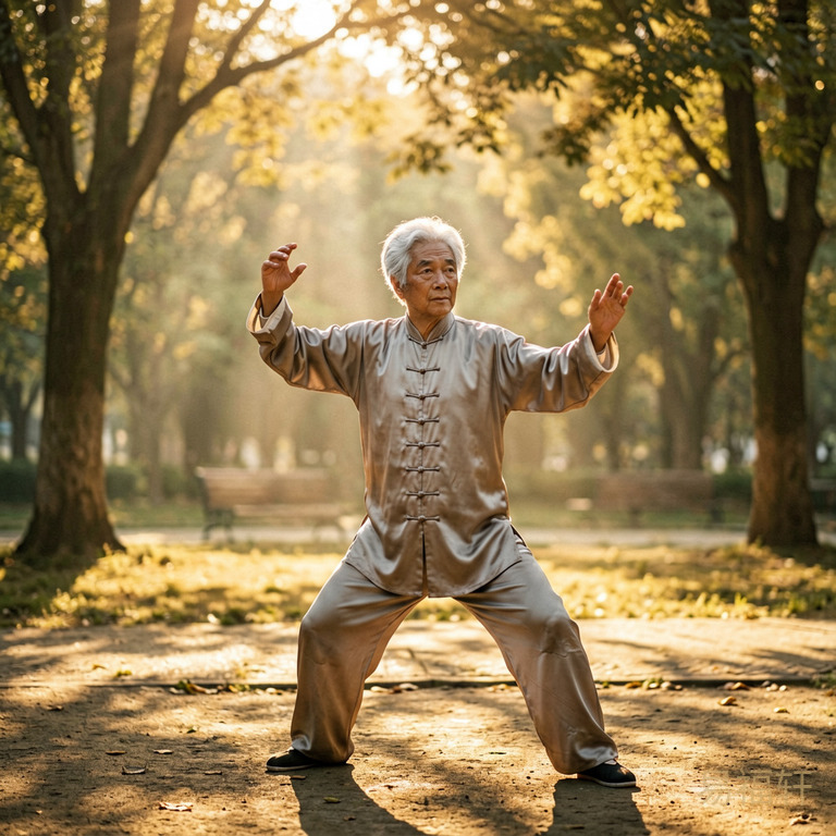 一位银发男人在公园里打太极,清晨阳光穿过树叶洒在他身上
