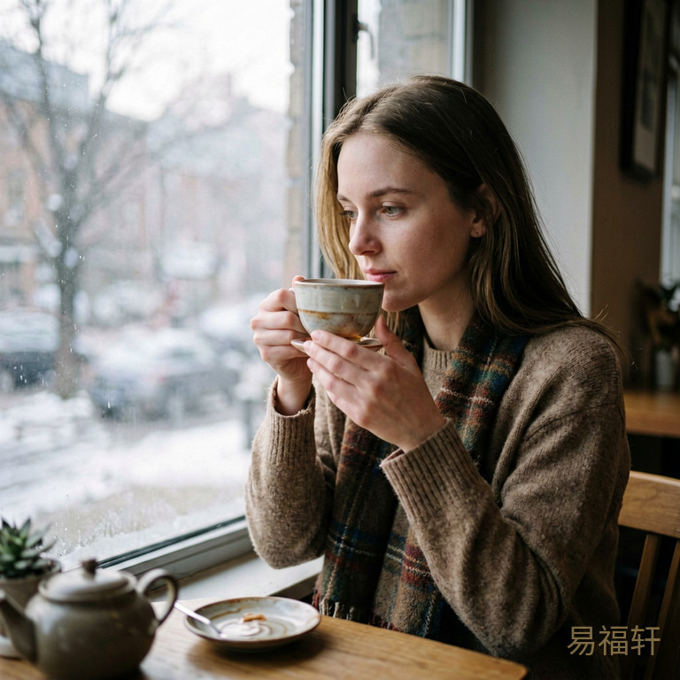 冬日清晨窗前一位白皙女子安静坐着喝茶,窗外有薄雾,她神情平静但眼底有一丝若有所思