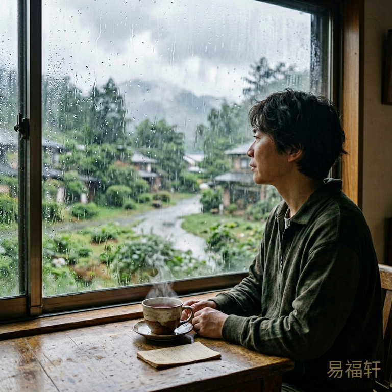 台风天的窗外,雨打玻璃,室内一个人安静坐着,手边一杯热茶