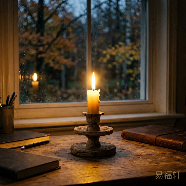 夜晚书桌上的一盏烛台灯,窗外秋风萧瑟,灯焰摇曳但未熄灭,烛台是木质的