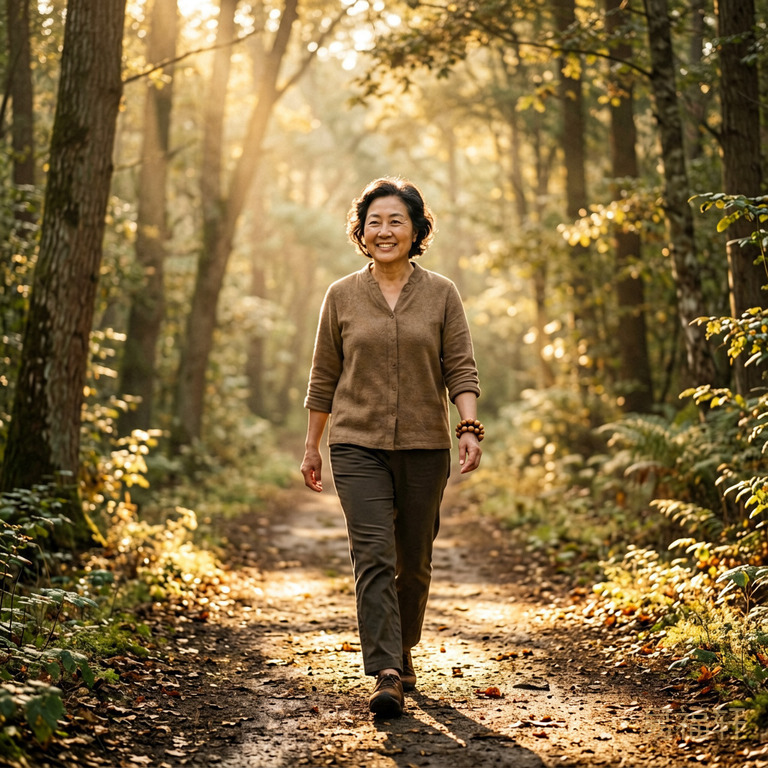 清晨阳光穿过森林,一位成熟女性在林间小路上悠闲散步,左手戴着一串木质手串,面带微笑