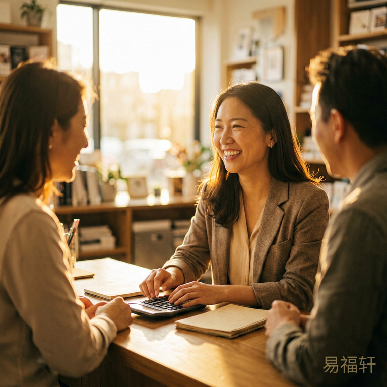 一位女性在办公室或店铺前台,正跟客户谈笑风生,手边放着计算器和账本