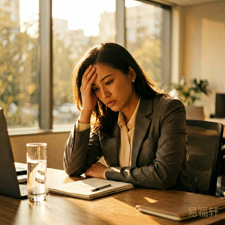 一个穿着职业装的女性坐在办公桌前,手撑着额头,表情疲惫,旁边放着水杯,窗外的阳光刺眼,整体色调偏暖偏燥