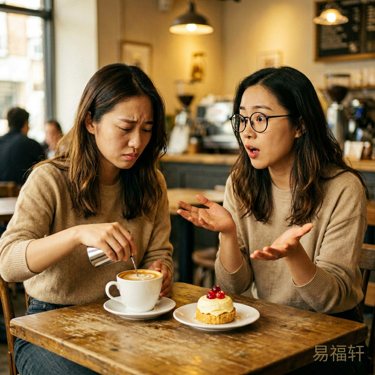 咖啡店里两个女性朋友面对面坐着,一个表情委屈地低头搅拌咖啡,另一个表情惊讶双手摊开,桌上的甜点还没动