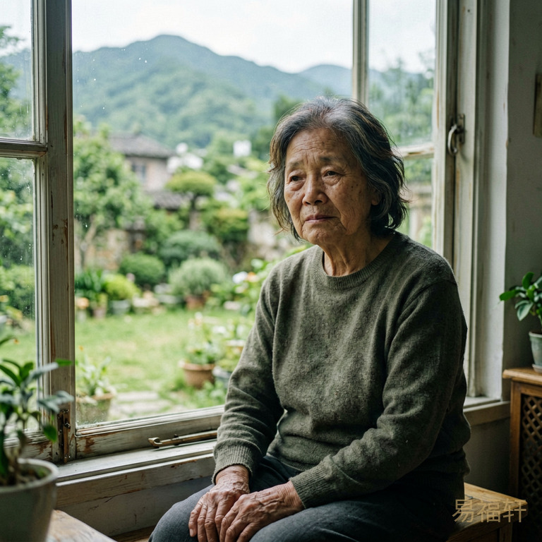 一位六十多岁女性坐在窗前,略带疲惫但神情平和