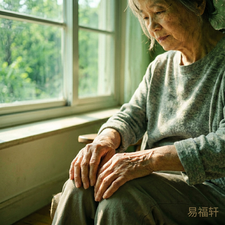 一位年长女性的双手轻轻放在膝盖上,神情安静,阳光从窗外洒进