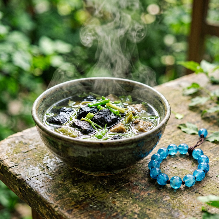 一碗黑色食材炖煮的养生汤,旁边放着一串海蓝宝手串