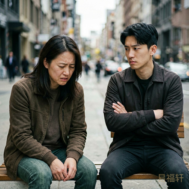 两个人面对面坐着,一个人满脸委屈低着头,另一个人双手抱胸冷着脸