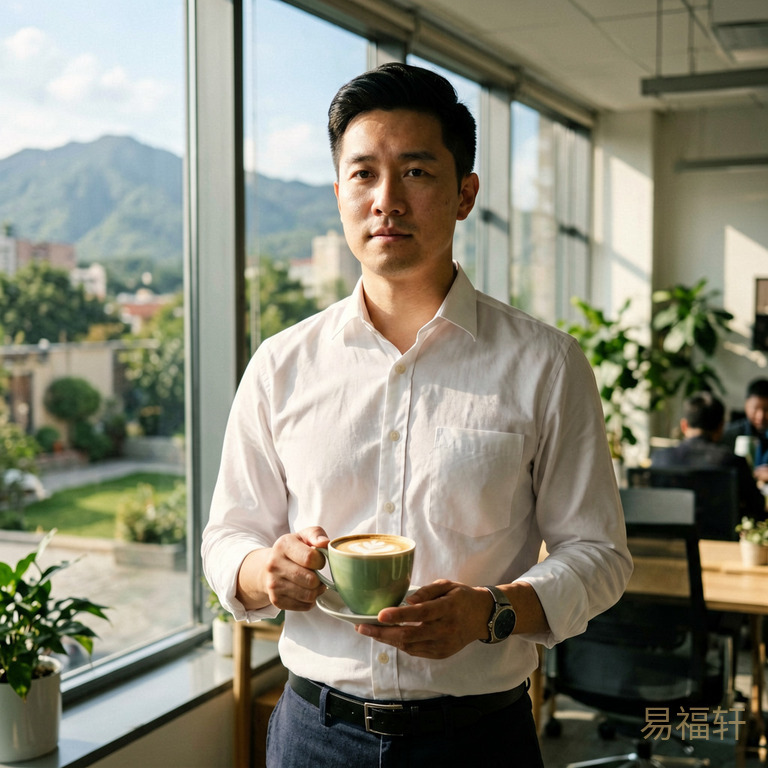 一个穿白衬衫的人端着咖啡站在办公室里,阳光从窗外照进来,他的表情平静而坚定