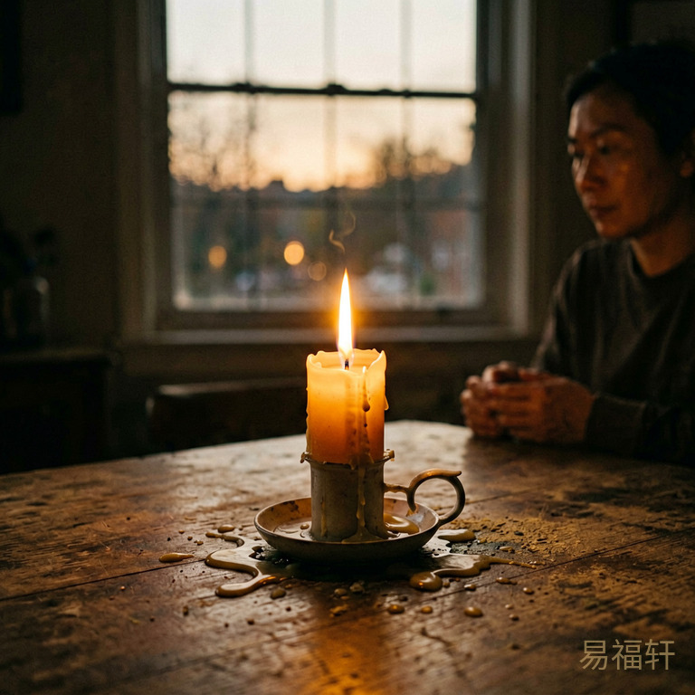 昏暗房间里一支蜡烛独自燃烧,火焰明亮温暖但蜡油滴满了桌面