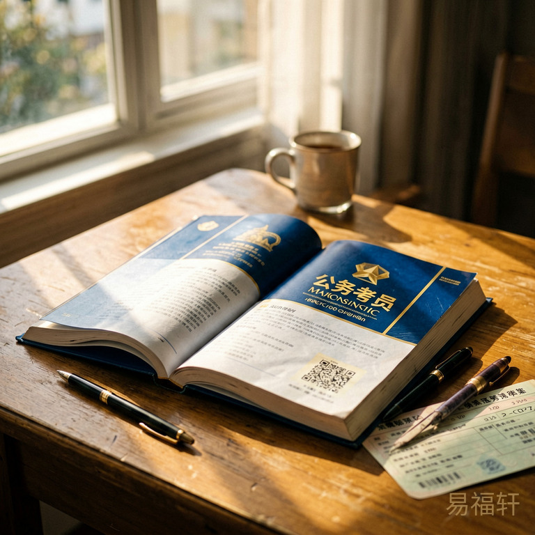 一本翻开的公务员考试教材,旁边放着文具和准考证,阳光从窗外照进来