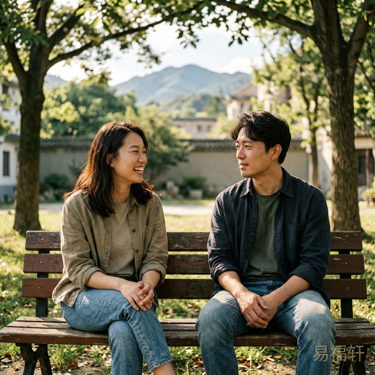 两个人坐在公园长椅上聊天，阳光透过树叶洒在两人身上，一人在笑，一人表情放松中带着些许犹豫
